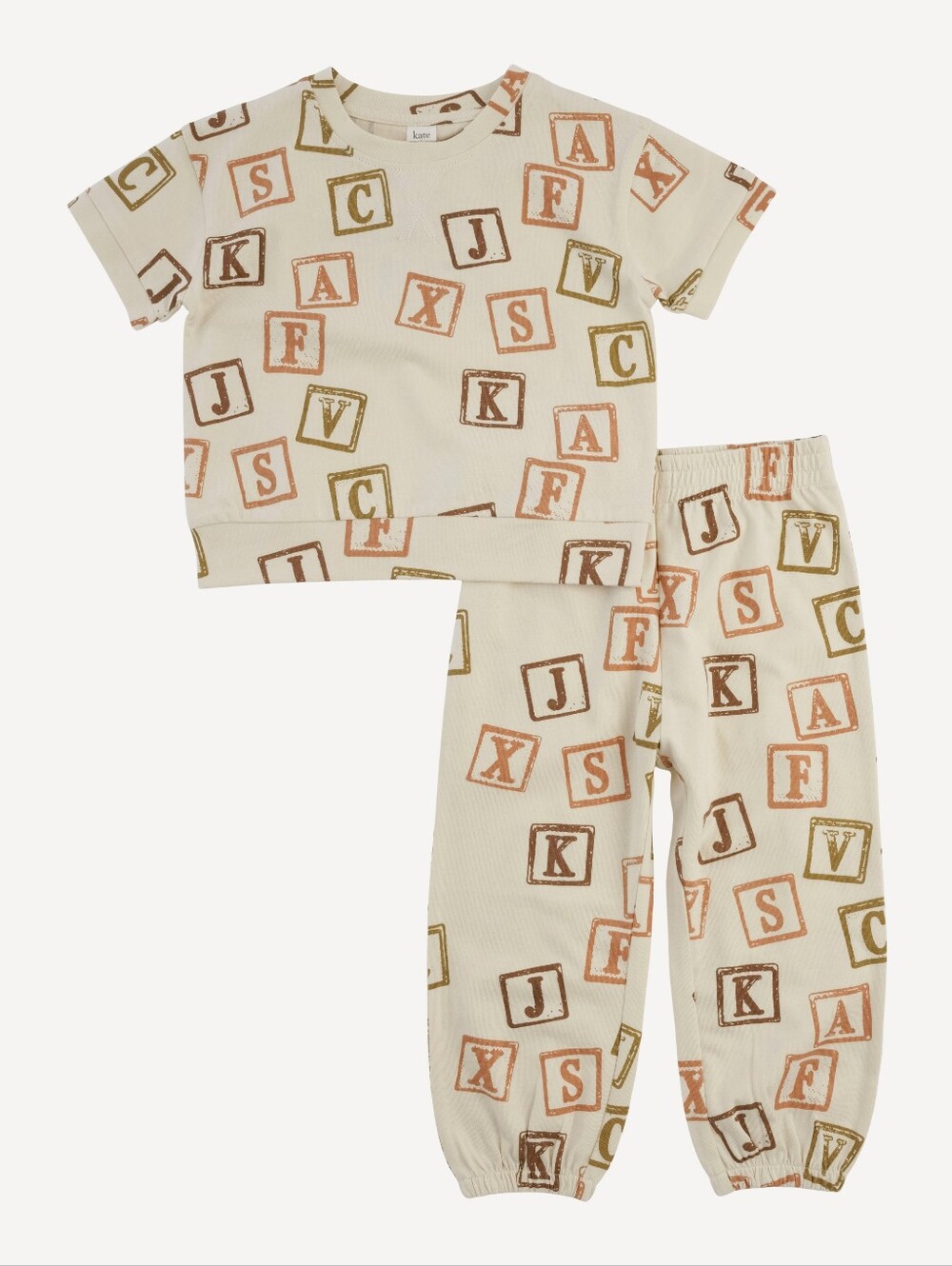 NWT 8Y Kate Quinn short sleeve relaxed jogger set neutral alphabet blocks cotton